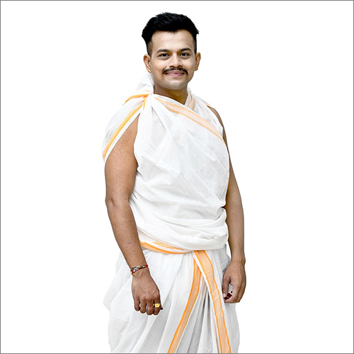 White Mens Cotton Orange Border Dhoti Dupatta
