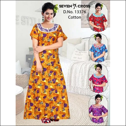 Cotton Embroidery Nighty Fabrics - Cotton, Customized Size, Multicolour | Breathable, Cool Dry, Quick Dry, Short Sleeves, Embroidered Pattern