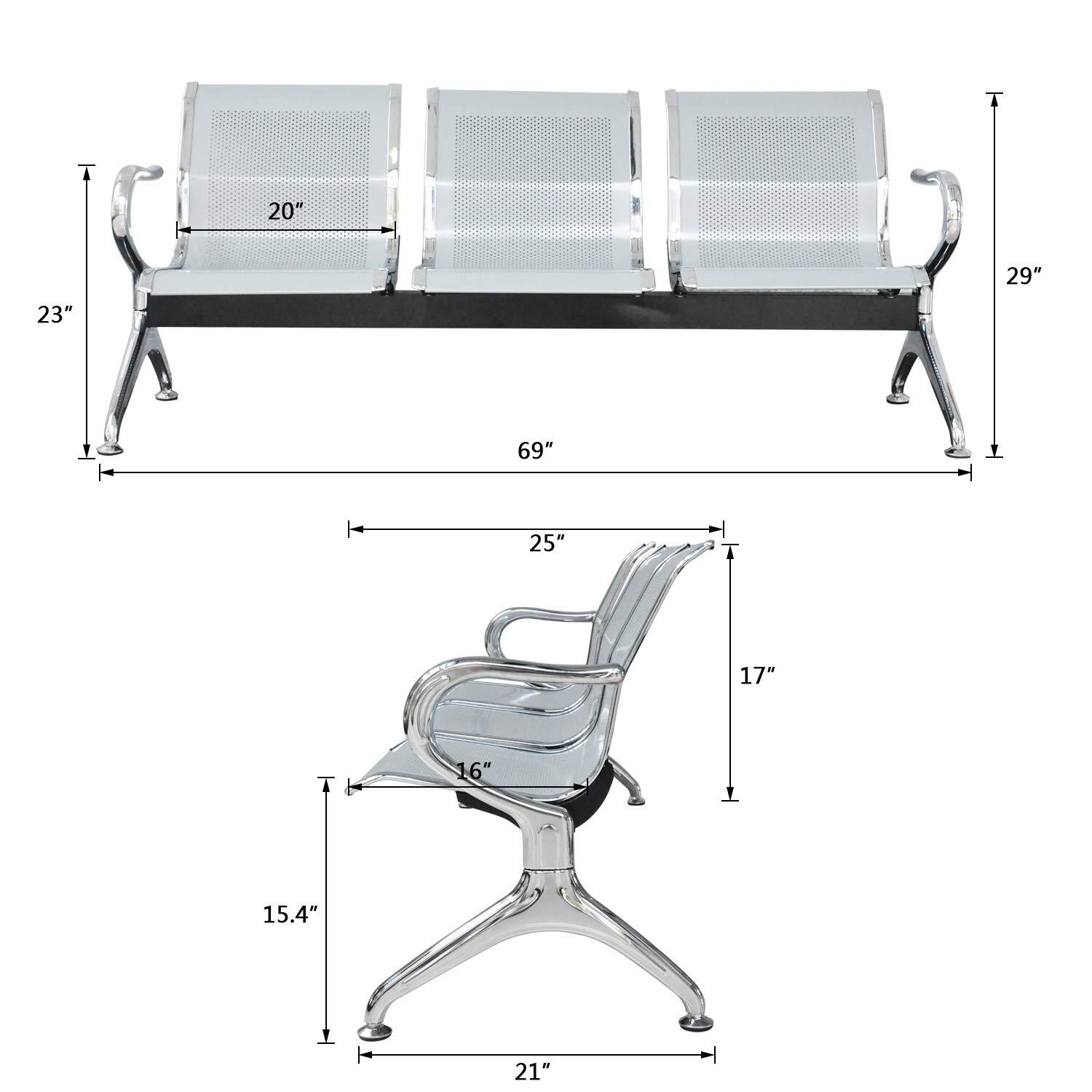 Hospital 3 Seater Waiting Chair - Stainless Steel, 3 Seater Size, Silver And Black Colors | Modern Design, Polished Finishing, Non-foldable