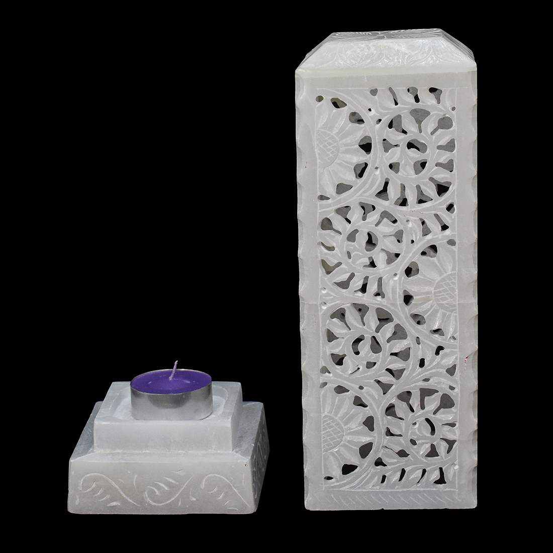 Candle Holder - White Marble, 4x4 Inches Base, 12 Inches Height | Elegant Design, Intricate Floral Carving, Durable Material, Versatile Use