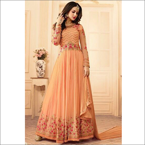 Fancy Semi Stitched Georgette Gown Suit - Color: Orange