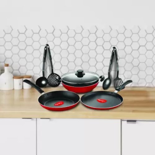 Mio Kitchen Set - Aluminium Alloy Cookware Pack Of 8, 2l Kadhai, 24cm Pan, 25cm Tawa, Black, Dishwasher Safe, Includes 4 Spatulas