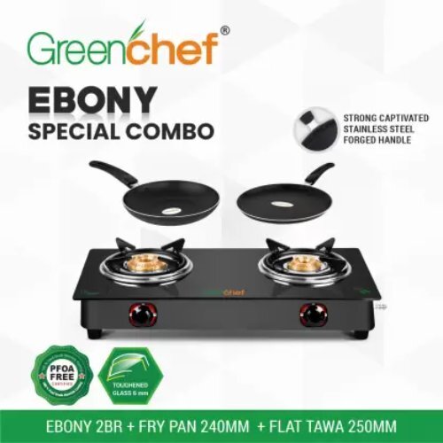 Ebony Special Combo - Glass Body, 2 Brass Burners, 250mm Tawa, 240mm Fry Pan | Easy Cooking, Non-stick Pans, 360-degree Revolving Nozzle, Stable Design