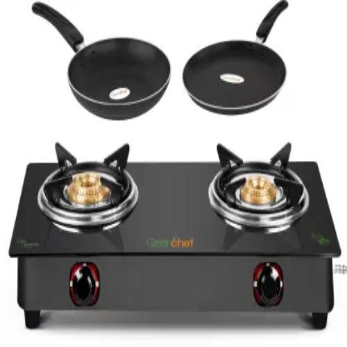 Ebony Special Combo - Glass Body, 2 Brass Burners, 250mm Tawa, 240mm Fry Pan | Easy Cooking, Non-stick Pans, 360-degree Revolving Nozzle, Stable Design