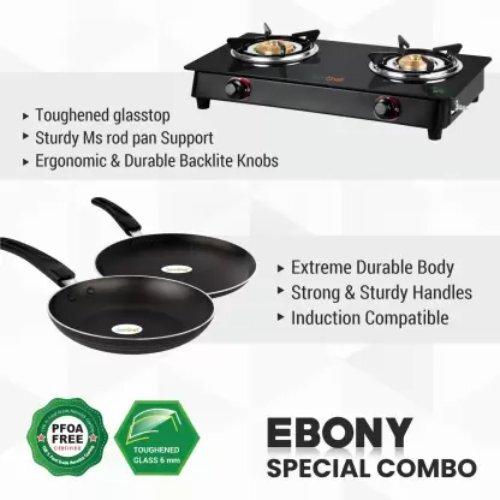 Ebony Special Combo - Glass Body, 2 Brass Burners, 250mm Tawa, 240mm Fry Pan | Easy Cooking, Non-stick Pans, 360-degree Revolving Nozzle, Stable Design