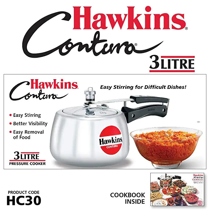 Hawkins Inner Lid Pressure Cooker - 3 Liters Aluminium | Ideal For 3-4 Persons, Curved Body For Easy Stirring, Enhanced Food Visibility, Safety Lock Feature, Gas Stovetop Compatible, Brushed Finish