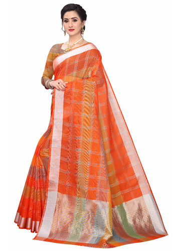 Orange Leeza Store Women'S Checkered Woven Jacquard Kota Doria Contrast Color Silver Zari Border Saree With Unstitched Blouse Piece