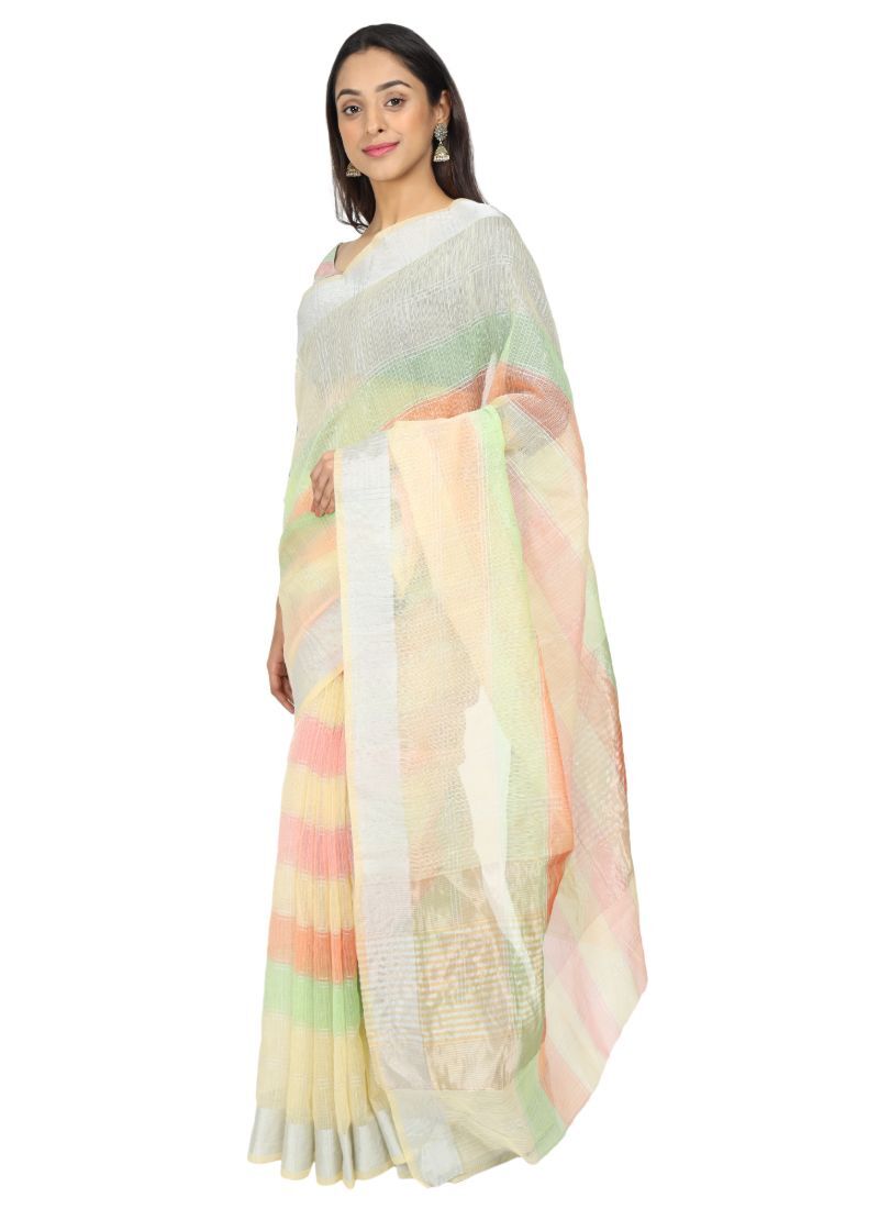 Rainbow Saree - Cotton Fabric, 5.5 M Length, Contrast Color Border | Traditional Kota Doria Design, Silver Zari Strips, Festive Wear, Unstitched Blouse Piece