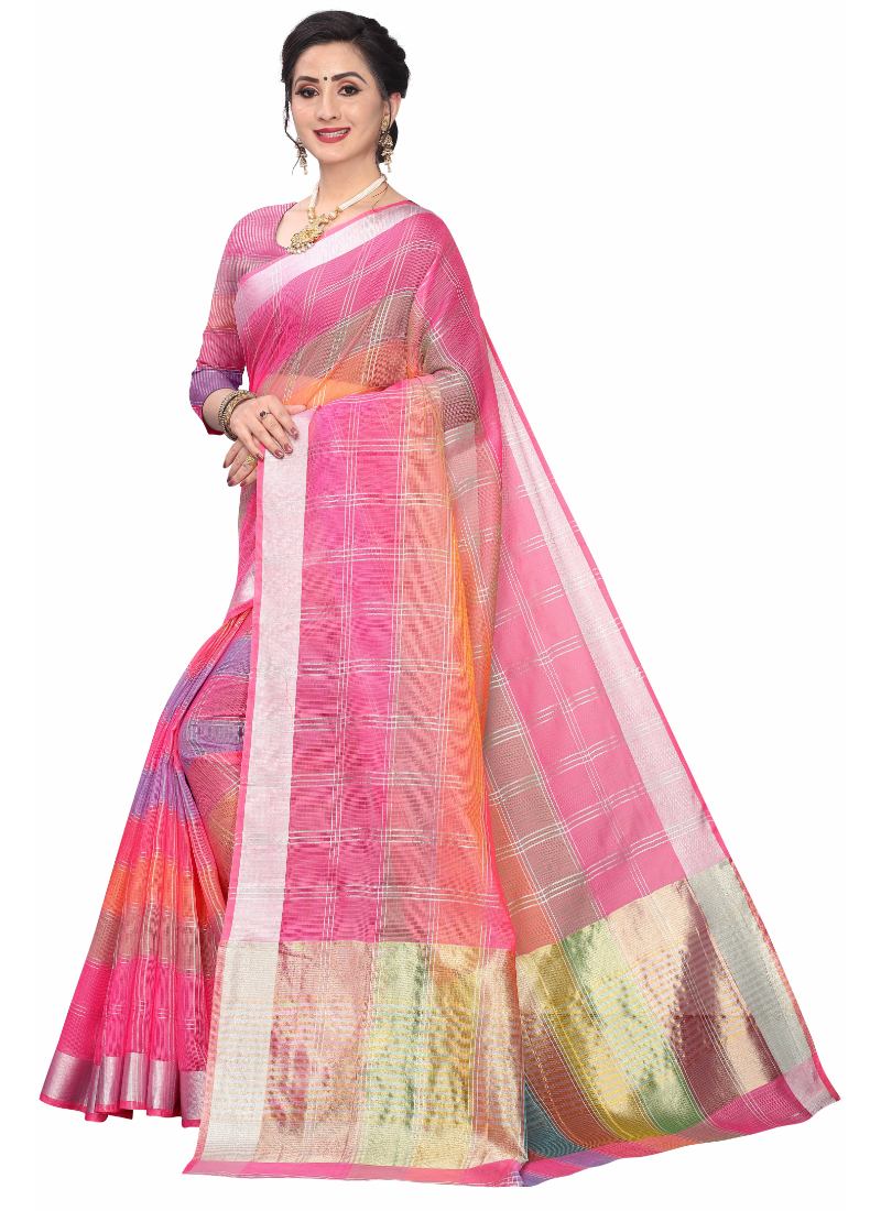 Rainbow Saree - Cotton Fabric, 5.5 M Length, Contrast Color Border | Traditional Kota Doria Design, Silver Zari Strips, Festive Wear, Unstitched Blouse Piece