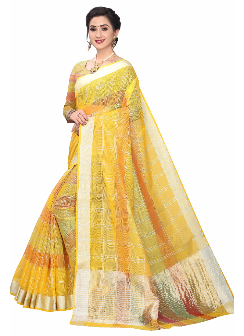 Rainbow Saree - Cotton Fabric, 5.5 M Length, Contrast Color Border | Traditional Kota Doria Design, Silver Zari Strips, Festive Wear, Unstitched Blouse Piece