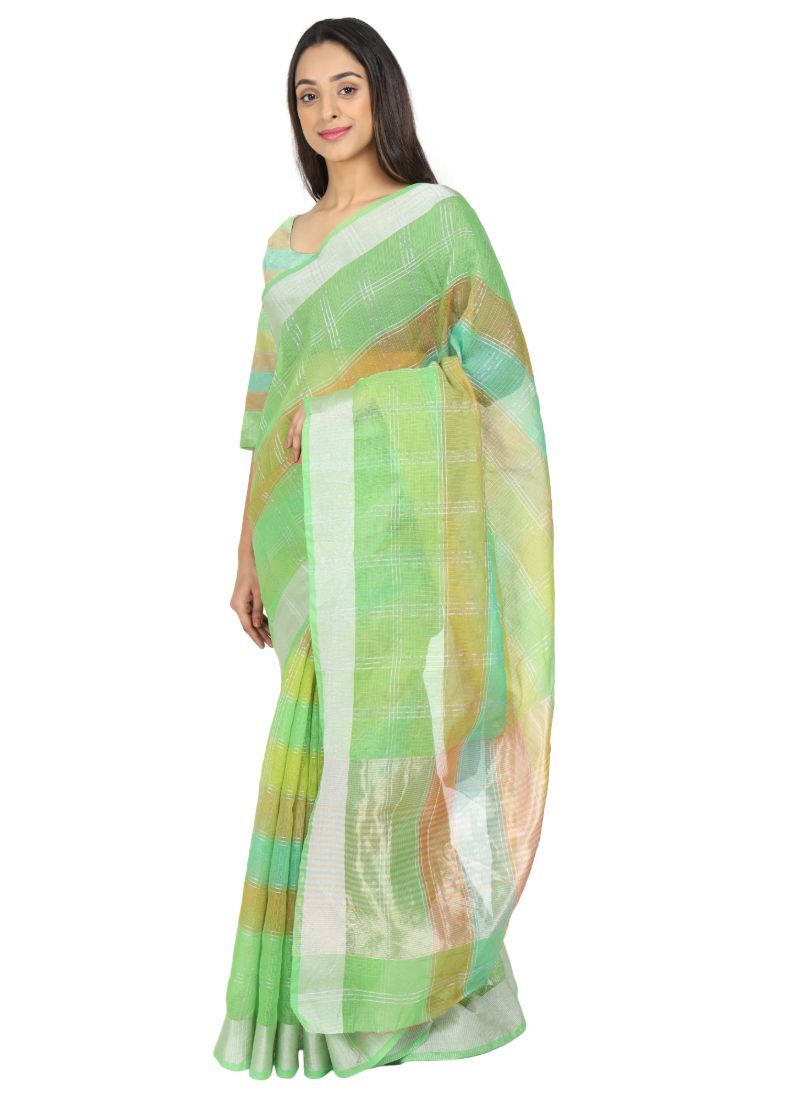 Rainbow Saree - Cotton Fabric, 5.5 M Length, Contrast Color Border | Traditional Kota Doria Design, Silver Zari Strips, Festive Wear, Unstitched Blouse Piece