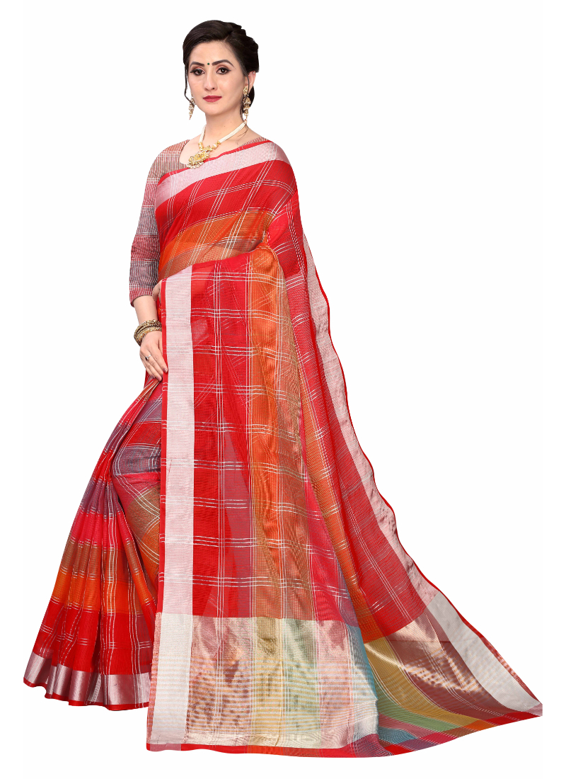 Rainbow Saree - Cotton Fabric, 5.5 M Length, Contrast Color Border | Traditional Kota Doria Design, Silver Zari Strips, Festive Wear, Unstitched Blouse Piece