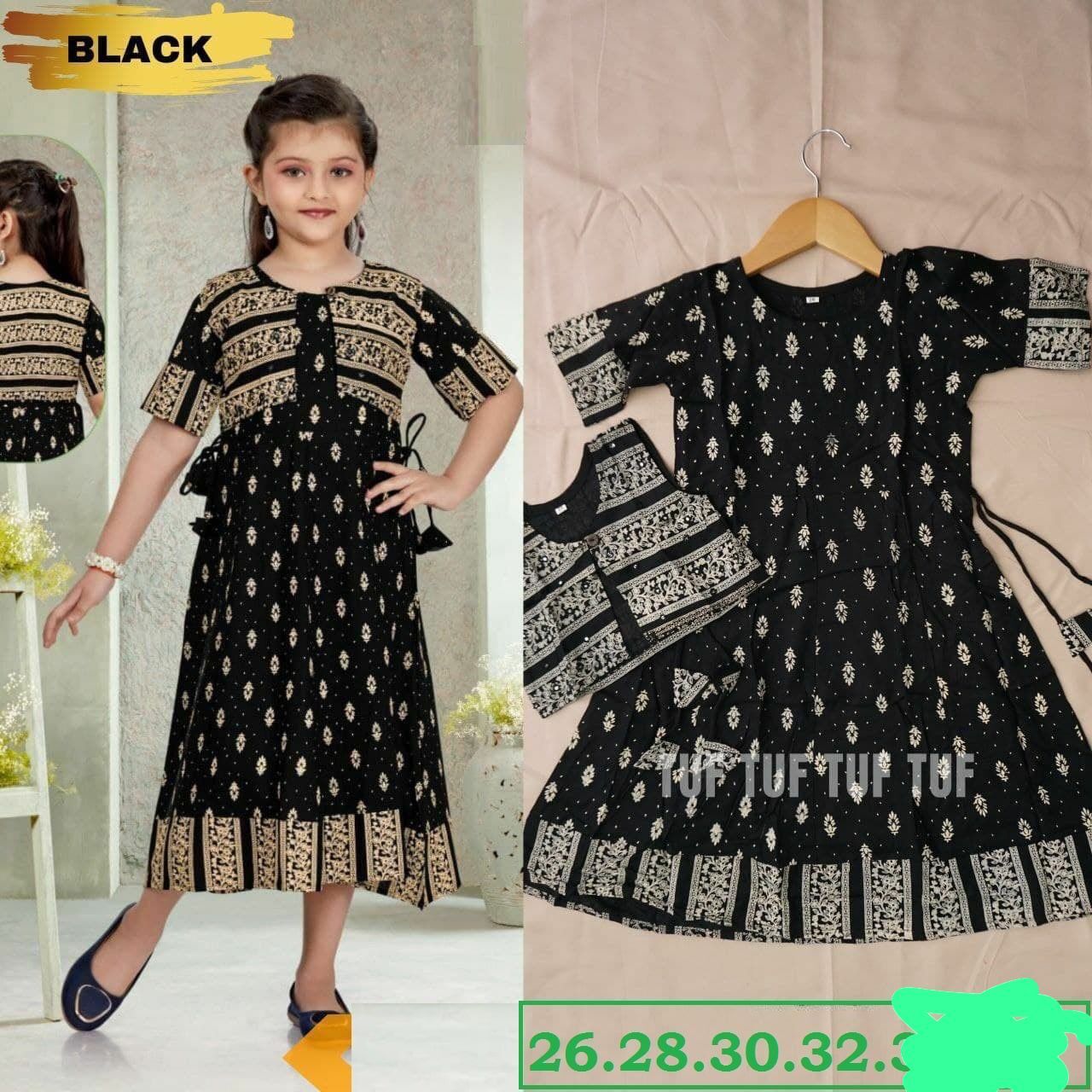 New Kids Gown With Koti And Baby Gowns - Rayon, Sizes: 26-36, Color: Dark Green | Beautiful Foil Print, Elegant Koti, Stylish Mirror Work