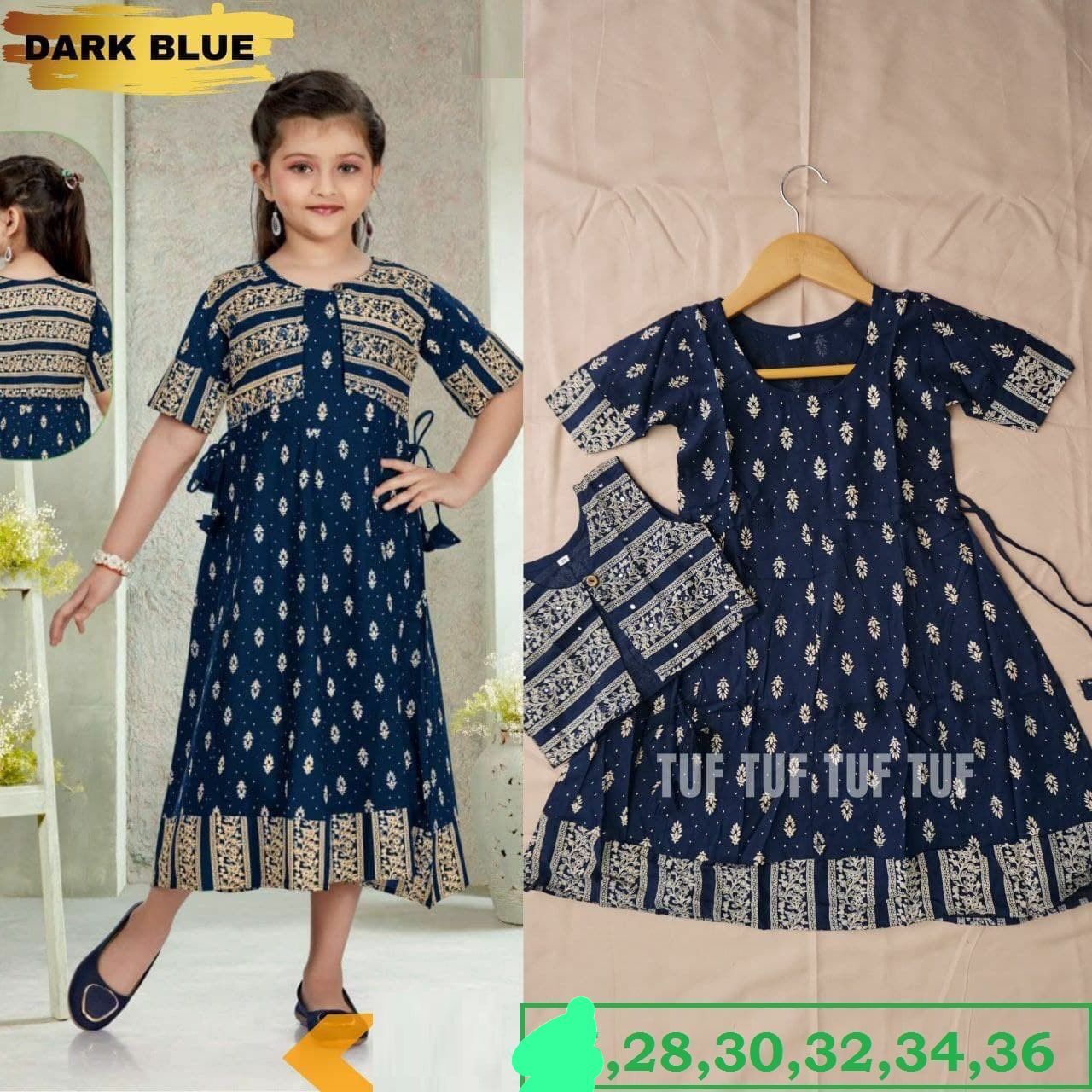 New Kids Gown With Koti And Baby Gowns - Rayon, Sizes: 26-36, Color: Dark Green | Beautiful Foil Print, Elegant Koti, Stylish Mirror Work