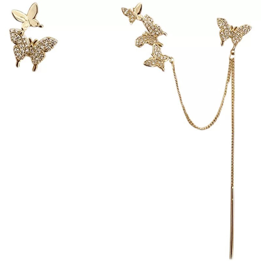 Korean Studded Butterfly Chain Ear Cuff Earrings 2 Pcs/set - Stainless Steel, Onesize | Cute Asymmetric Design, Clear Cubic Zirconia Sparkle, Dangle Style