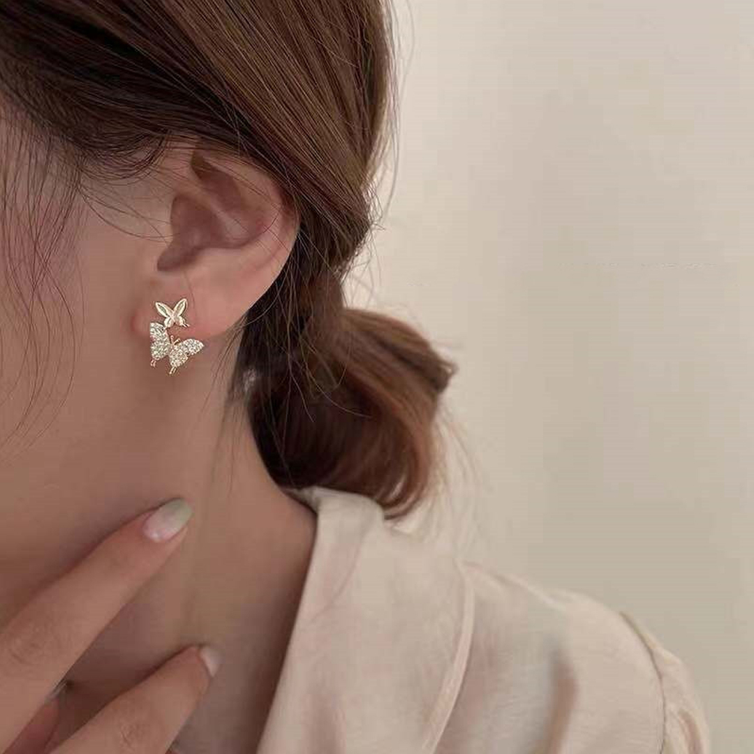 Korean Studded Butterfly Chain Ear Cuff Earrings 2 Pcs/set - Stainless Steel, Onesize | Cute Asymmetric Design, Clear Cubic Zirconia Sparkle, Dangle Style
