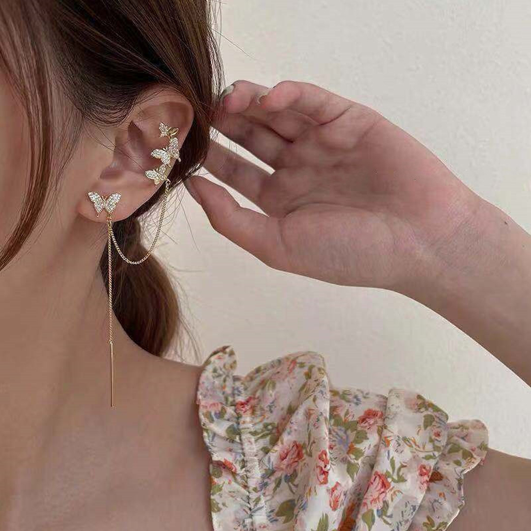 Korean Studded Butterfly Chain Ear Cuff Earrings 2 Pcs/set - Stainless Steel, Onesize | Cute Asymmetric Design, Clear Cubic Zirconia Sparkle, Dangle Style