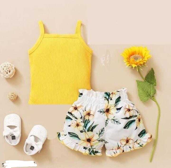 Kids Floral Sleeveless Top And Shorty Set - Lycra Cotton And Silk Blend, Regular Fit, Vibrant Yellow Color