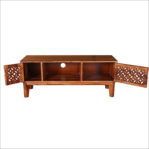 Wooden Tv Unit - Solid Wood, Multiple Dimensions, Natural Wood Color | Geometric Cut-out Pattern, Polished Wood Finish, Modern Style, Open Storage Compartments