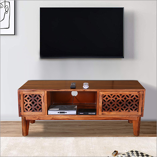 Wooden Tv Unit - Solid Wood, Multiple Dimensions, Natural Wood Color | Geometric Cut-out Pattern, Polished Wood Finish, Modern Style, Open Storage Compartments