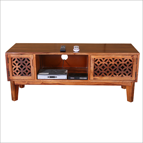 Wooden Tv Unit - Solid Wood, Multiple Dimensions, Natural Wood Color | Geometric Cut-out Pattern, Polished Wood Finish, Modern Style, Open Storage Compartments