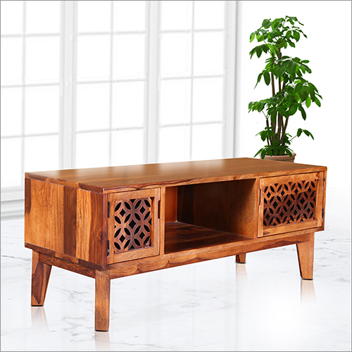 Wooden Tv Unit - Solid Wood, Multiple Dimensions, Natural Wood Color | Geometric Cut-out Pattern, Polished Wood Finish, Modern Style, Open Storage Compartments