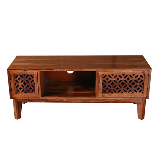 Wooden Tv Unit - Solid Wood, Multiple Dimensions, Natural Wood Color | Geometric Cut-out Pattern, Polished Wood Finish, Modern Style, Open Storage Compartments