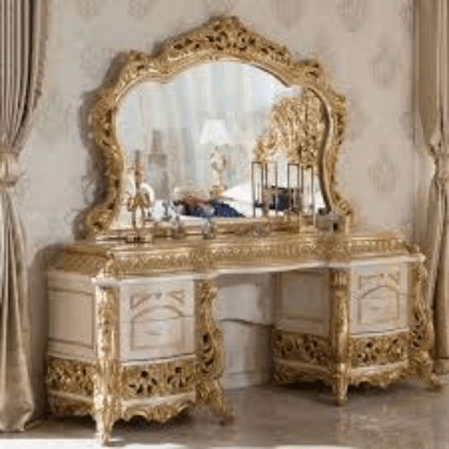 Wooden Table - Wood, Mirror, 70x40x75 Cm | Gold Finish, Six Drawers, Assembly Required, Ideal Vanity Table For Personal Use And Storage
