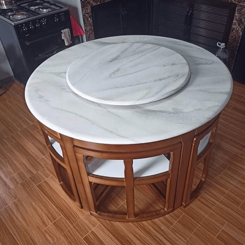 Marble Dining Table - 48" Diameter Round | White Polished Finish, Modern Style, 100 Lbs Weight, Wood Base