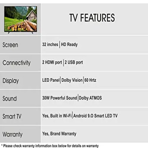 Smart Led Tv - 32 Inches, 720p Resolution, Hd Ready, Built-in Wi-fi, Android 9 Os, 60hz Refresh Rate, Streaming Apps, Voice Assistant | Includes Stand & Wall Mount