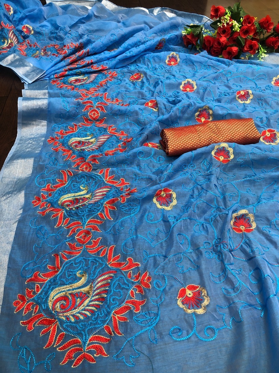 Chanderi Cotton Silk Saree - Organic Embroidered Fabric Washable And Breathable For All Seasons Unstitched Blouse Included
