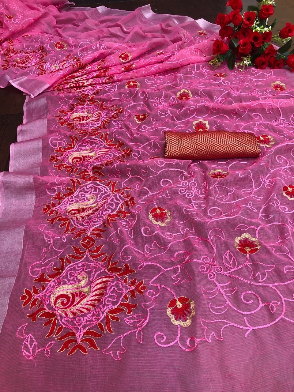 Chanderi Cotton Silk Saree - Organic Embroidered Fabric Washable And Breathable For All Seasons Unstitched Blouse Included