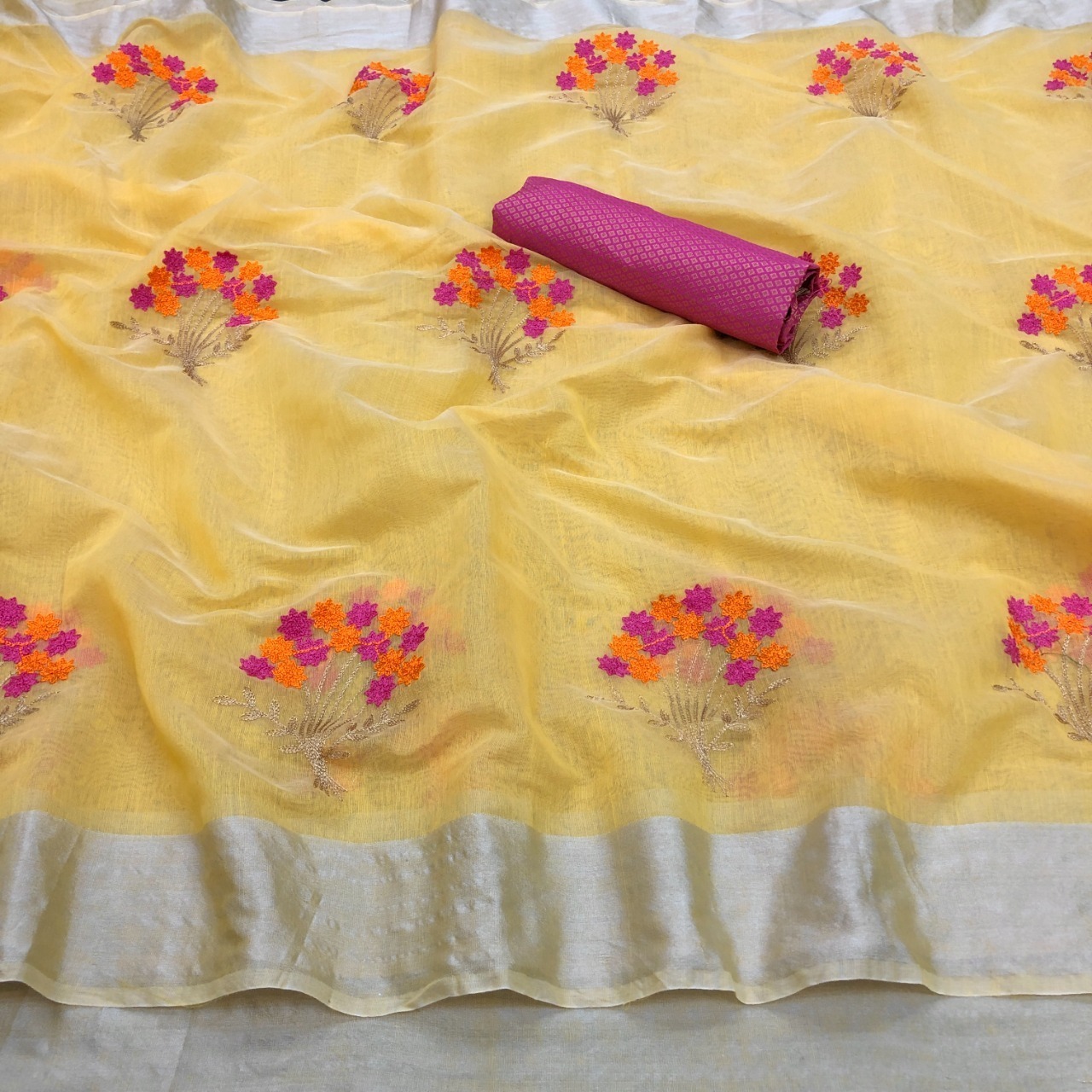 Chanderi Cotton Silk Saree - Organic Embroidered Fabric Washable And Breathable For All Seasons Unstitched Blouse Included