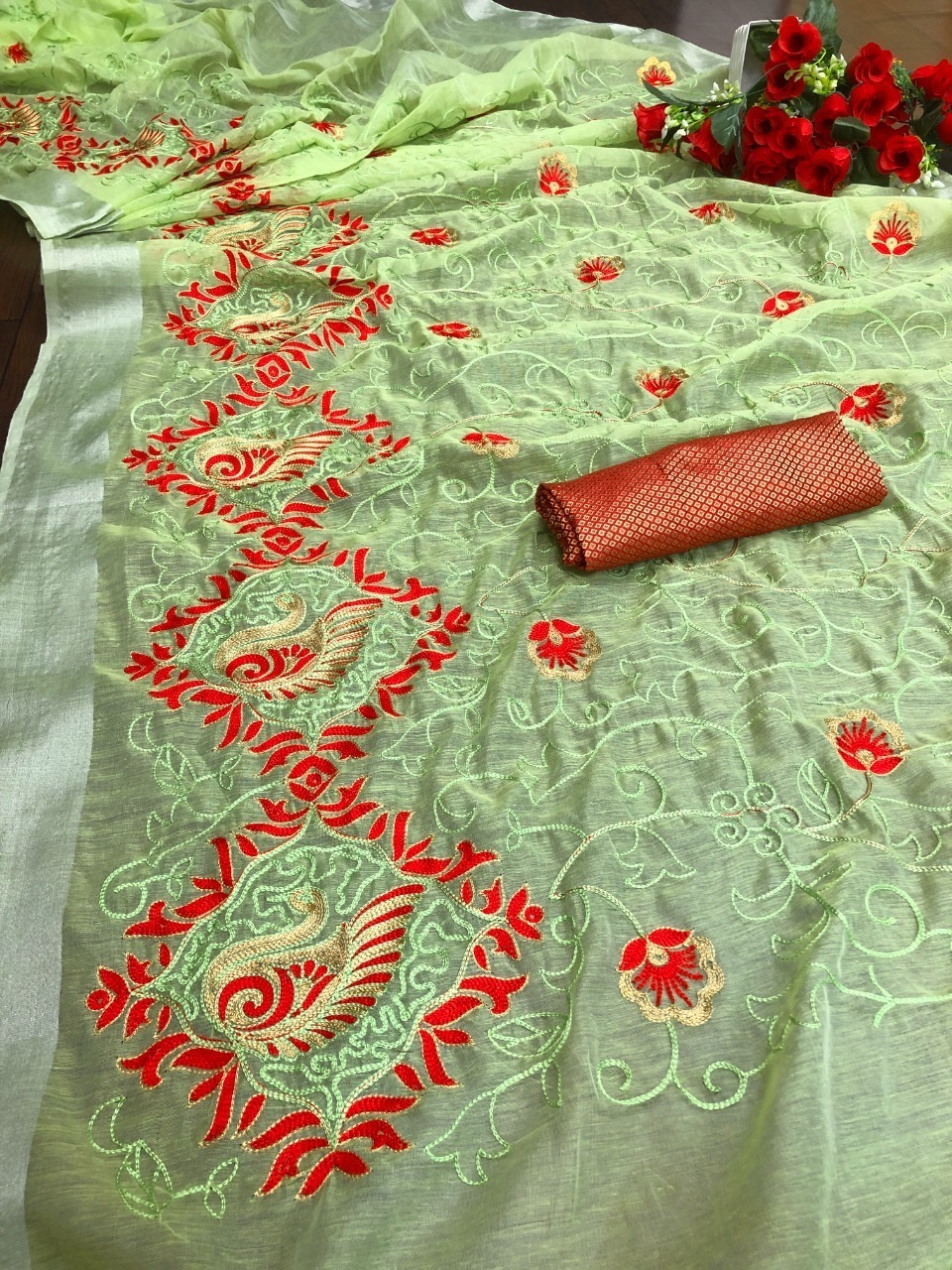 Chanderi Cotton Silk Saree - Organic Embroidered Fabric Washable And Breathable For All Seasons Unstitched Blouse Included
