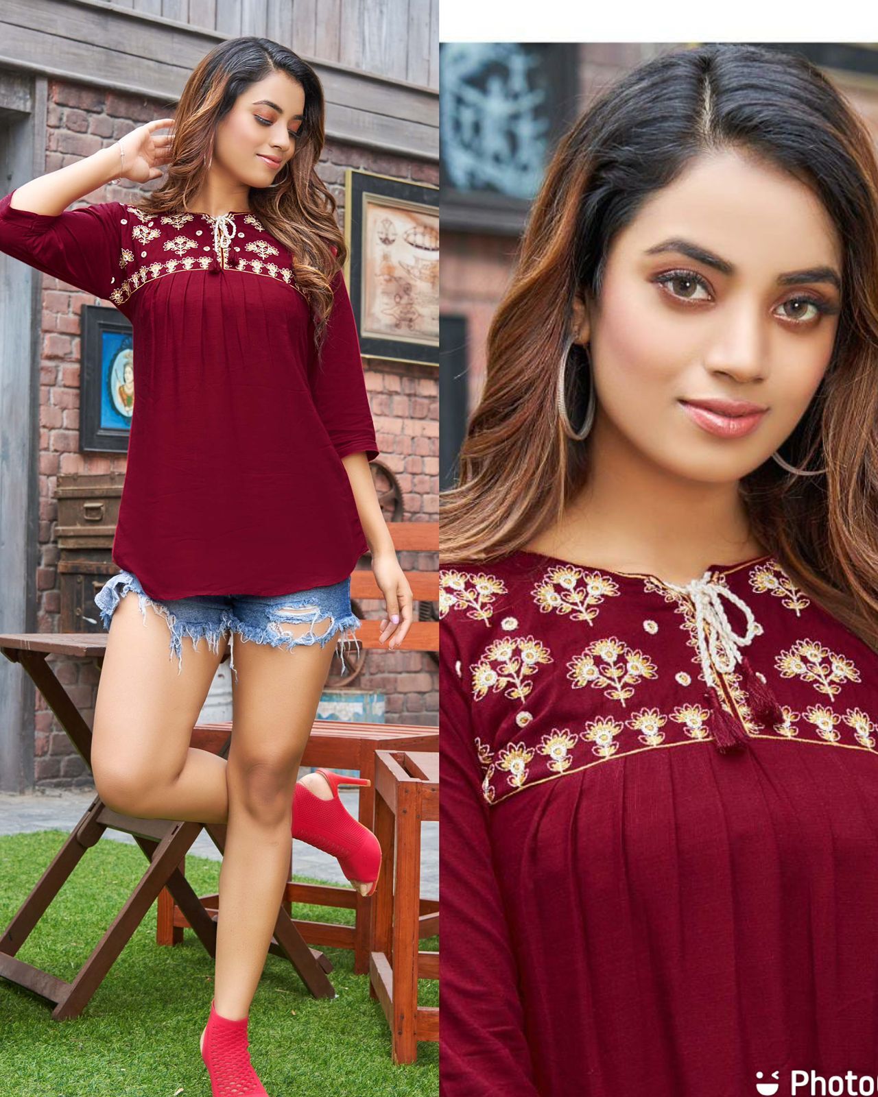 Women Heavy Rayon Embroidery Work Short Tops - Regular Fit, Blue 