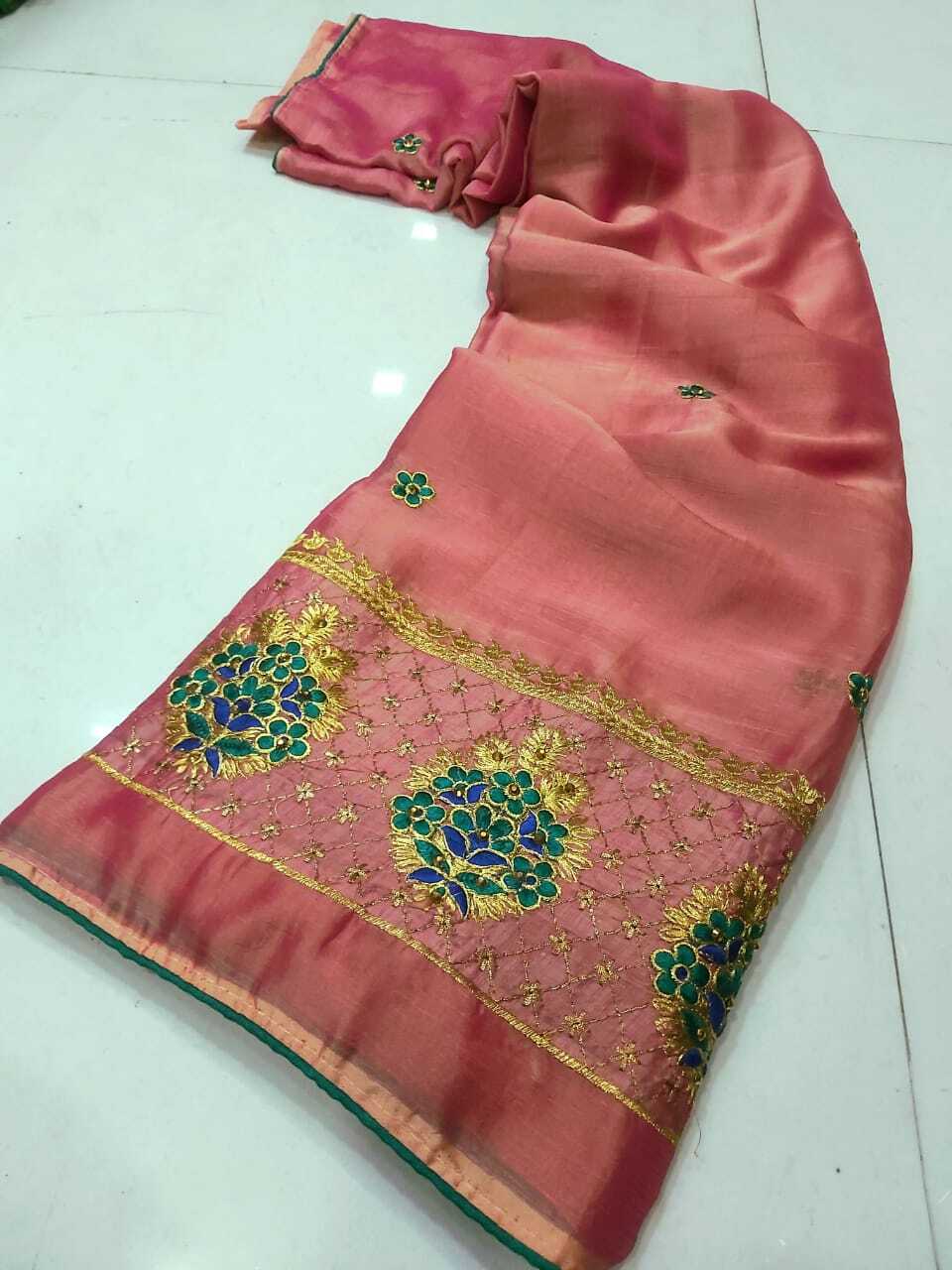Dusty Saree - Georgette Sahi Siffon Fabric With Jeri Work, All Over Panel Work, Simple Sober Lace Piping & Stone Banglori Blouse | Casual Washable Ethnic Wear, Custom Size, All Season