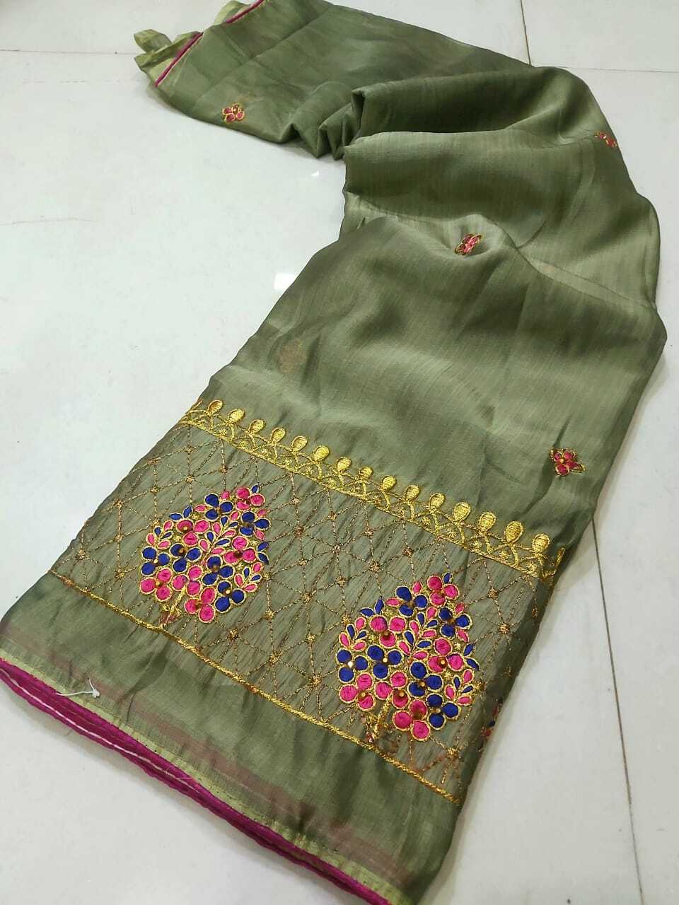 Dusty Saree - Georgette Sahi Siffon Fabric With Jeri Work, All Over Panel Work, Simple Sober Lace Piping & Stone Banglori Blouse | Casual Washable Ethnic Wear, Custom Size, All Season