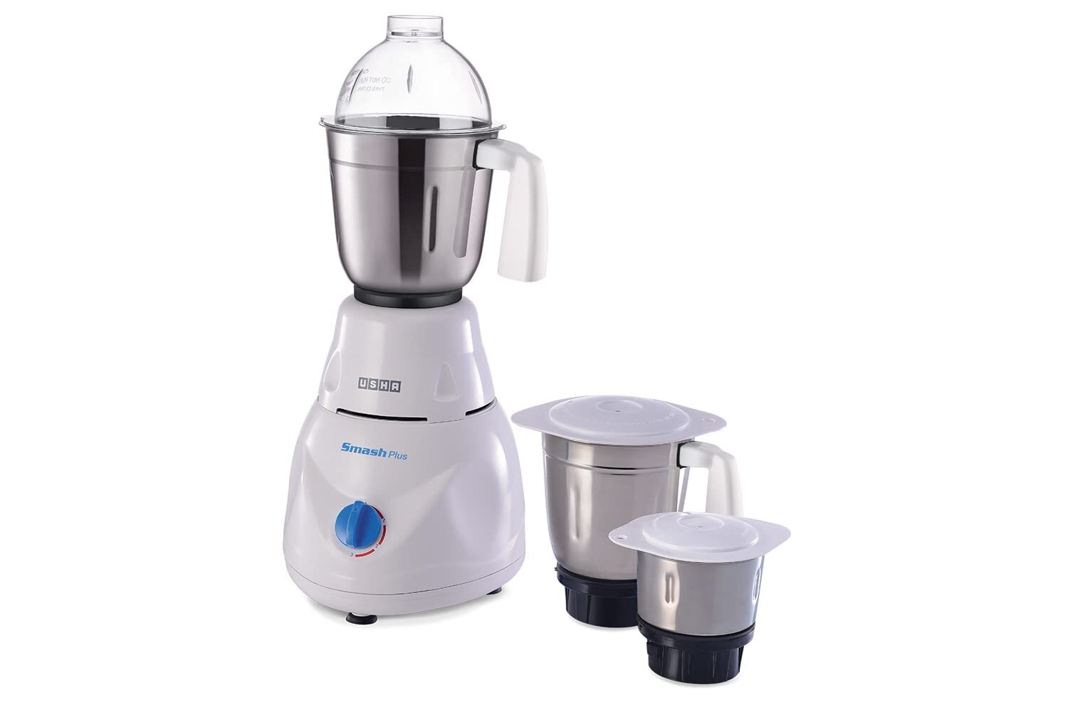 Usha Smash Plus Mixer Grinder - 500 Watt, 3 Speed Settings | White Plastic Body, 2-year Warranty, 3 Stainless Steel Jars, Overload Protection, Anti-skid Suction Feet