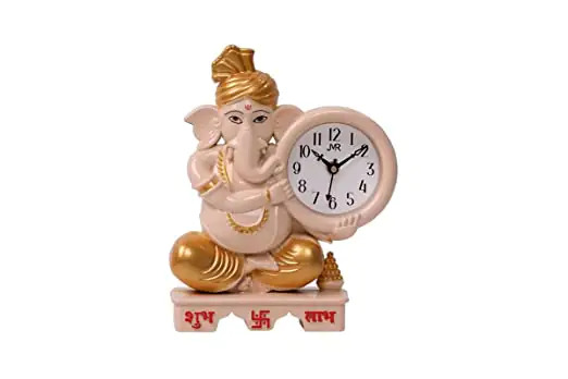 Ganesh Table Clock - Plastic Frame, 18w X 22h Cm | Antique Style, Silent Sweep Movement, Multicolor Analog Dial