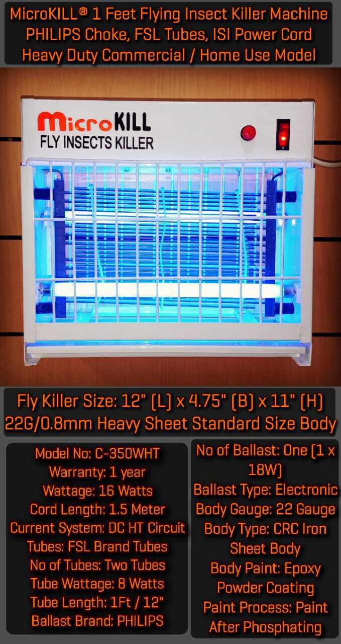 Insect Killer Machine - 12" L X 4.75" B X 11" H White Color 16w Power | Effective Against Flies & Mosquitoes Non-toxic 2 Tube Lights