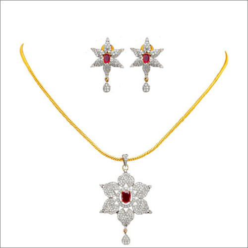 Chain With Pendant And Earring - Gold Fine Jewelry Set , Charm Pendant with Ruby and Zircon Stones for Women's Gifts and Parties