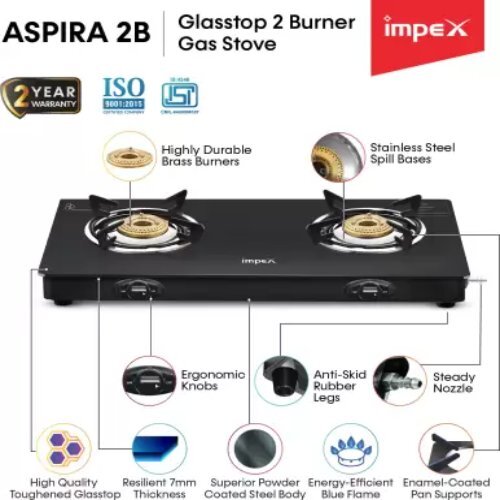 Aspira 2b Gas Stove - Durable Stainless Steel Body, 7mm Toughened Glass Top | Energy-efficient Brass Burners, Rust-free Design, Stringent Quality Checks