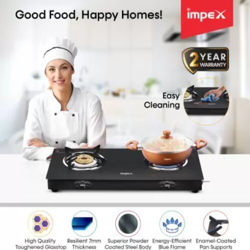 Aspira 2b Gas Stove - Durable Stainless Steel Body, 7mm Toughened Glass Top | Energy-efficient Brass Burners, Rust-free Design, Stringent Quality Checks