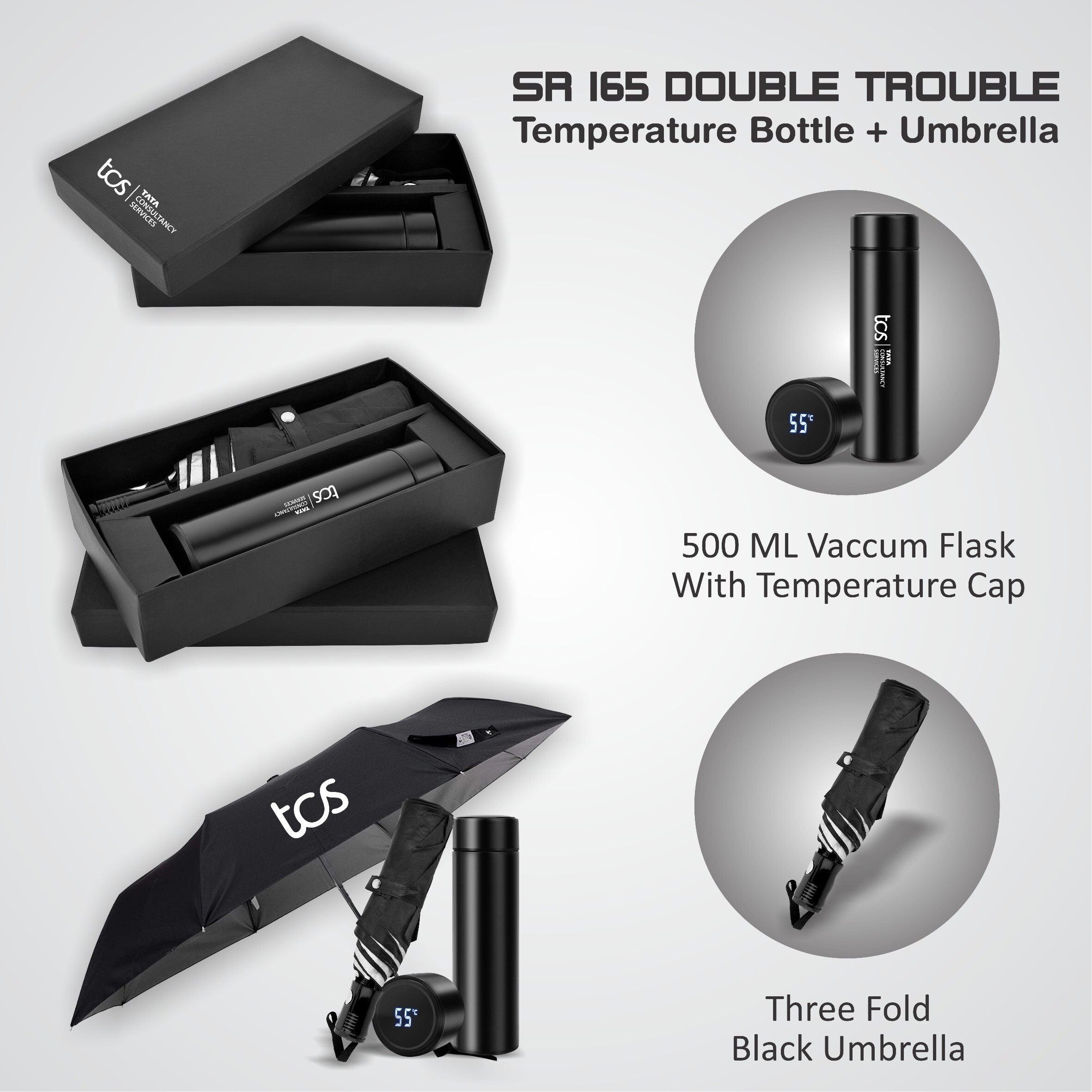 2 In 1 Umbrella And Temperature Bottle Combo Set Sr 165 Double Trouble - Color: Black