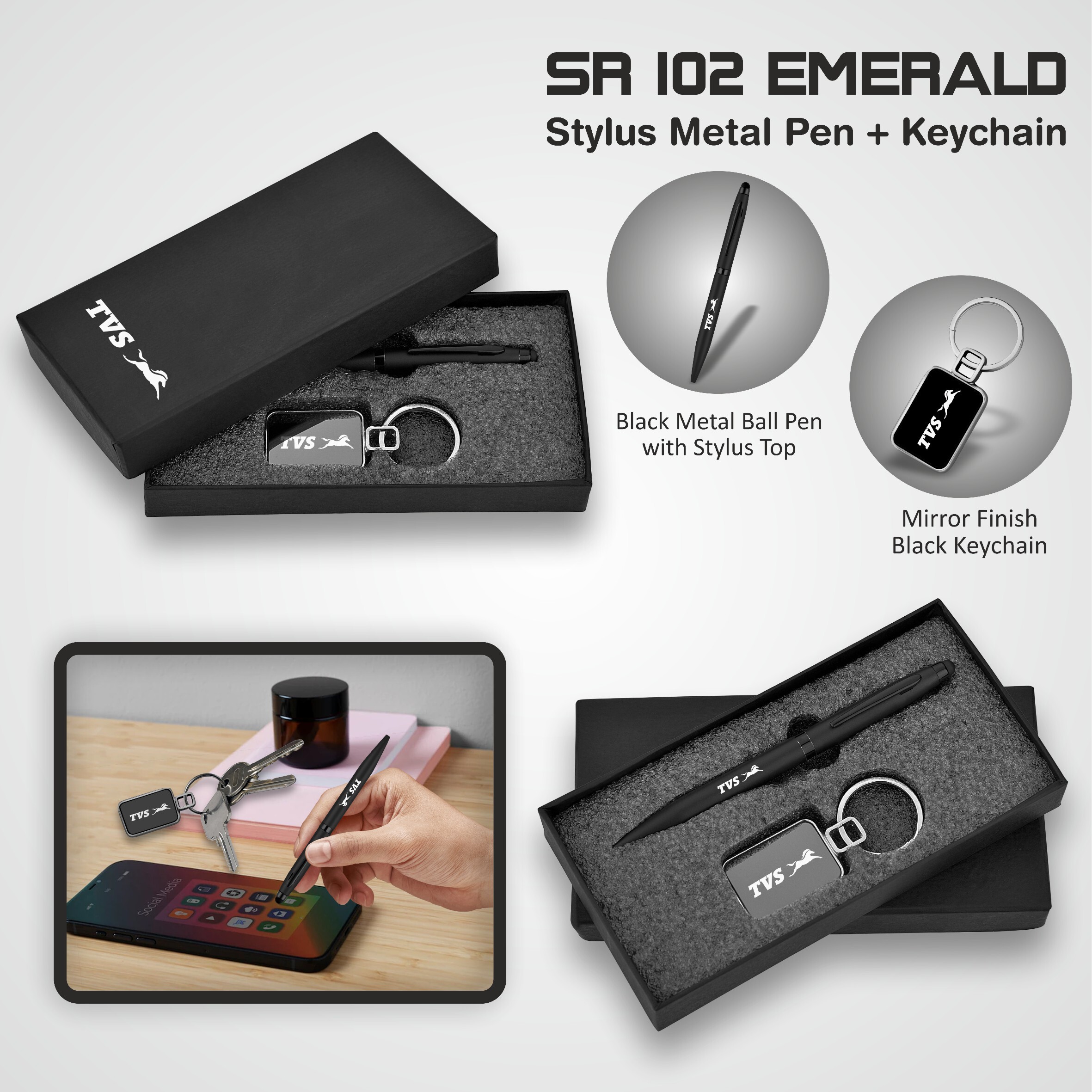 2 In 1 Pen Keychain Combo Gift Set Sr 102 Emerald - Gray Rectangle Design | Emerald Pen And Keychain For Industrial, Domestic, And Personal Use