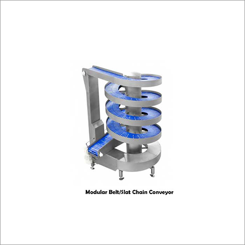Spiral Conveyor - Slat Chain and Gravity Roller Design, 400 to 800 mm Width, Silver Finish, Industrial Use, Warranty Included