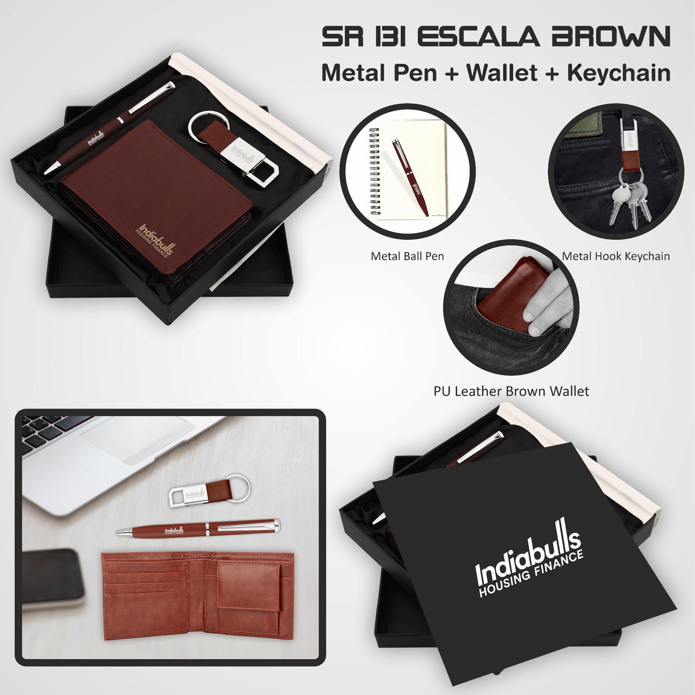 3 In 1 Pen Keychain Wallet Combo Gift Set Sr 131 Escalla - Pu Material, A5 Size, Brown Color | Versatile For Industrial, Domestic, Personal Use, Round Shape