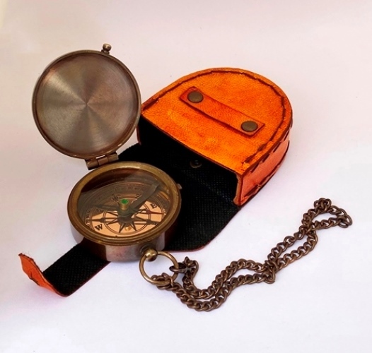 Handmade Nautical Brass Antique Flat Pocket Compass With Leather Case