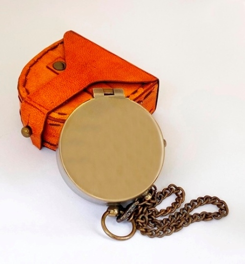 Handmade Nautical Brass Antique Flat Pocket Compass With Leather Case