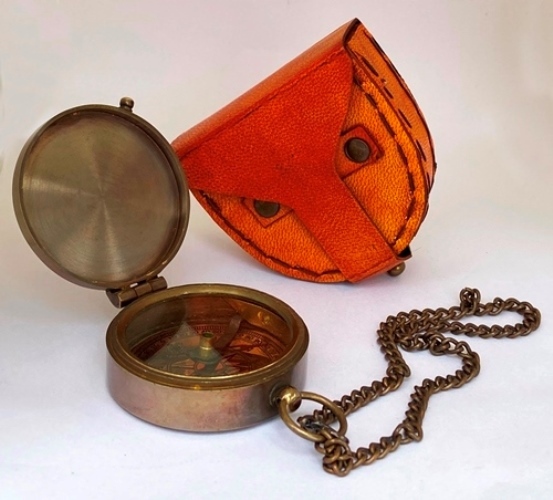 Handmade Nautical Brass Antique Flat Pocket Compass With Leather Case